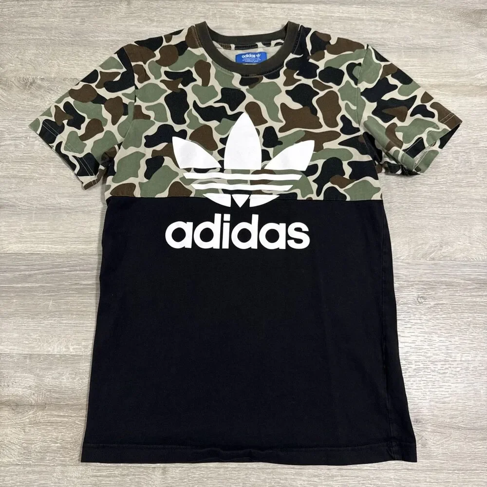 Adidas Shirt Men’s Small Camo Trefoil Logo Black Camouflage Tee Cotton 2017